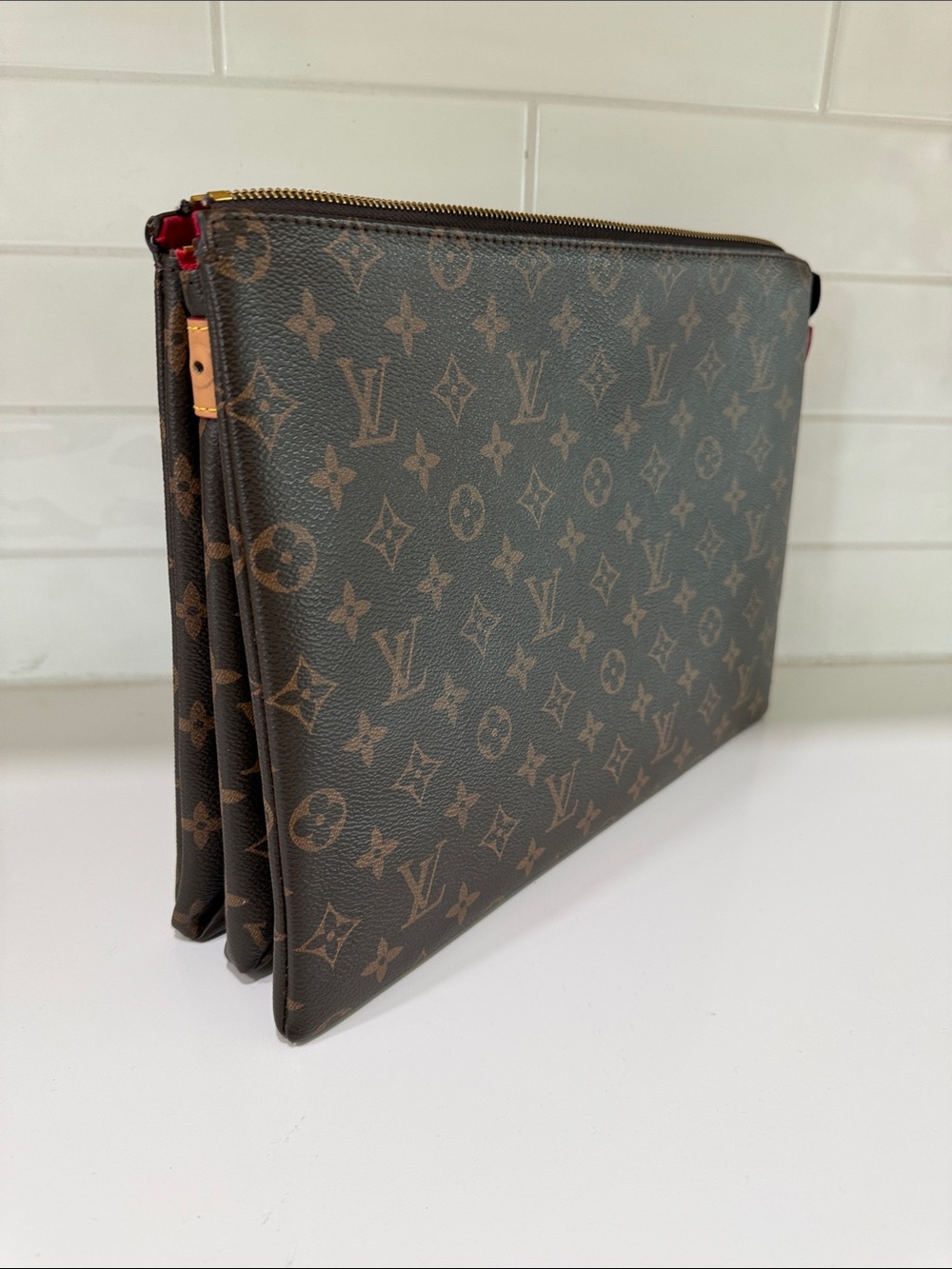 Louis Vuitton Monogram Triple Zip Pouch in Brown with Red Trim